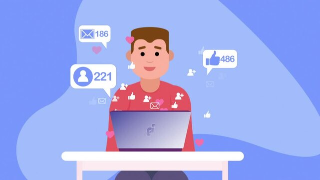 Modern Boy Using Social Media on a Laptop tracking Likes Messages Emails and follower count Flat Design Character Animation
