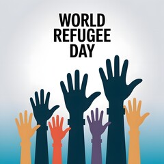 Fototapeta premium Diverse Hands Raised High Celebrate World Refugee Day