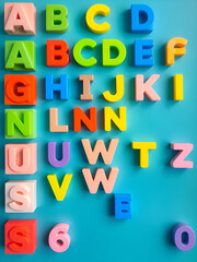 Plastic construction blocks font, alphabet letters and numbers