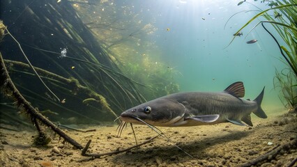 Fototapeta premium Channel Catfish Swimming Near River Bottom with Suspended Particles