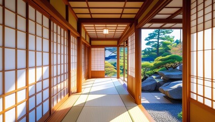 Fototapeta premium Elegant traditional Japanese interior with view to serene zen garden scenery