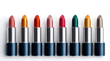 Fototapeta premium A row of colorful lipsticks are lined up on a white background