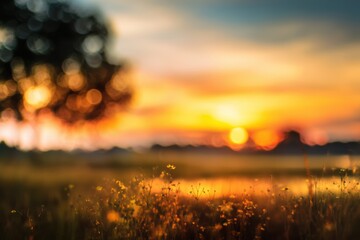 Abstract golden hour landscape with defocused meadow bokeh, perfect for book covers, spa promotional materials, and eco-conscious branding
