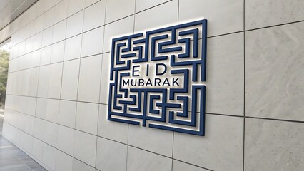 Elegant Eid Mubarak Blue Maze Sign Decorates Tiled Wall in Modern Islamic Design