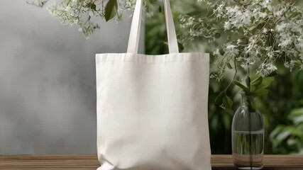 Canvas tote bag mockup on wood surface against plant background for environmentally conscious branding promotions.