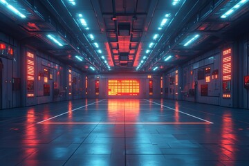Futuristic corridor, neon lights, empty space, sci-fi background, game design