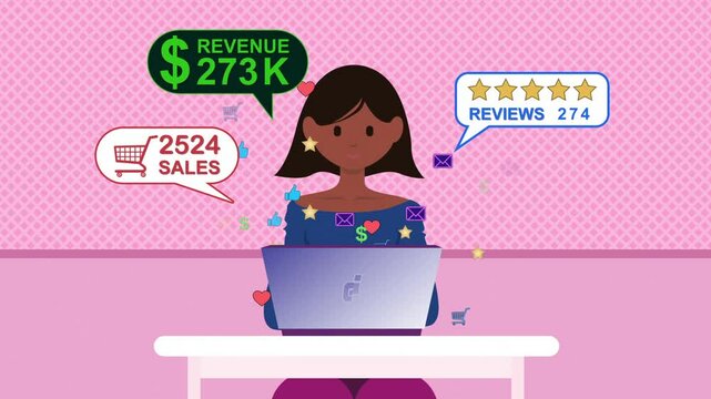 Woman Entrepreneur Looking at statistics related to sales reviews and revenue on her laptop Flat Design Concept 2D Character Animation