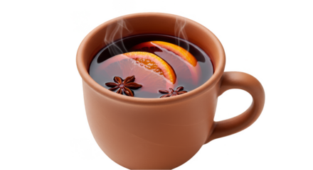 Isolated Photo of Mulled Wine In Brown Ceramic Cup With Oranges and Star Anise
