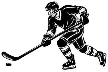 Dynamic Hockey Player Illustration Black and White Action Shot, hockey, player, sports, action, intense, powerful, league, passion, games, skill, determination, pose, strength, monochrome, movement, d