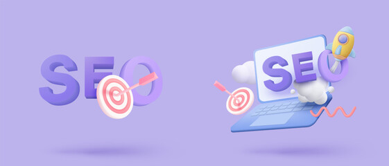 3D seo optimization icon for marketing social media. Interface for research planning web analytics strategy. 3d seo strategy buttons icon vector render illustration