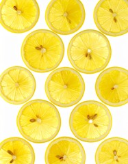 Fototapeta premium Juicy Lemon Slices Arranged in Overlapping Pattern with Juice Droplets on Isolated White Background