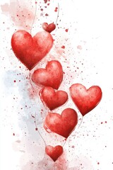 Red Watercolor Hearts Floating on Soft Pink Background