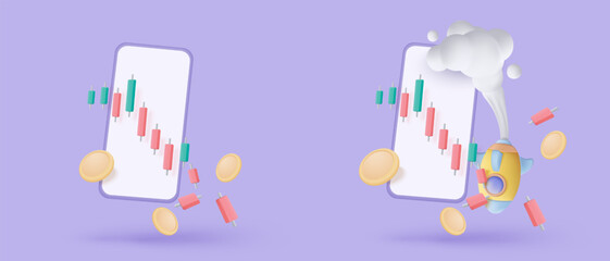 3D graph with plummeting on blue background. Business failure with negative trend concept, bar chart down. 3d representation for finance investment. 3d trading stock icon vector render illustration