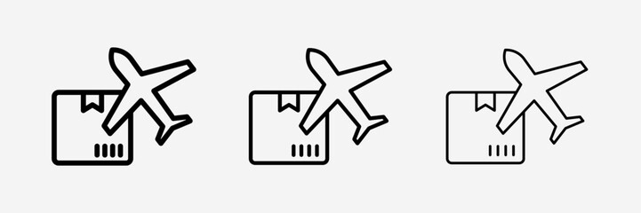 Air delivery icon Plane Deliver Parcel Box Pictogram. Cargo Airplane Transport Worldwide Fast Delivery Icon.
