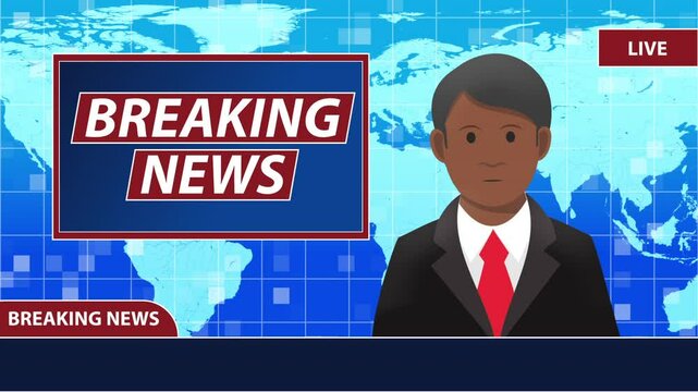 Male News Anchor Animated Flat Character presenting news in front of world map background with Breaking News Overlay News studio Animation