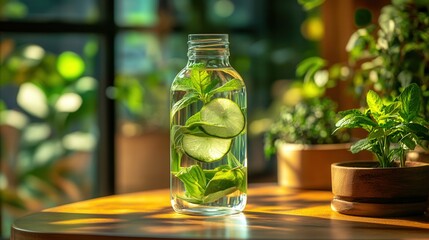 A clear glass bottle filled with fresh cucumber, lime, and mint infused water on a wooden table.
