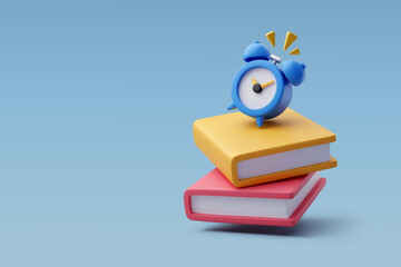 3d Vector Books and alarm clock, Education, Study, Back to school concept.