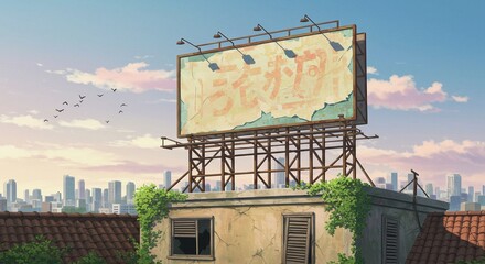 Urban Landscape with New Rooftop Display Board, Animated Art Style - Corporate Background