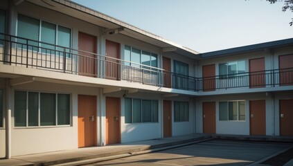 Classic American motel architecture with orange doors and modern design elements
