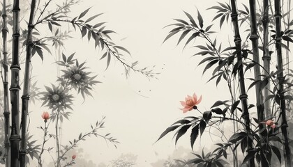 A serene depiction of bamboo and blossoms in a muted palette.