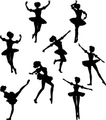 Black silhouette of graceful ballerina in tutu performing a ballet pose, ballet movement.  Illustration for dance, performance, theater, and artistic expression themes. Isolated on white background.