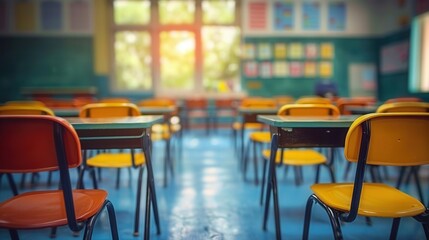 Naklejka premium A well-lit classroom with empty desks and chairs awaiting students and lessons.