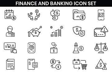 Business, finance and Banking  icons set. cash, saving, financial goal, profit, budget, earning money, Containing bank, deposit, investment, and banking service, Outline icons design