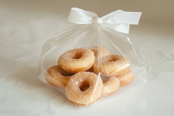 Sweet glazed donuts in a cellophane bag with bow