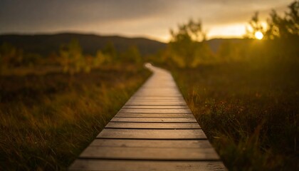 Fototapeta premium Panoramic autumn landscape with wooden path at sunset