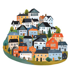 Naklejka premium Charming small town with colorful houses situated on a hill against a Transparent background, small town with many houses on a hill, PNG background