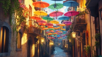 Naklejka premium Colorful umbrella decorated alleyway