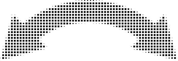 Abstract retro illustration of square halftone double sided arrow pointing left and right. Black square dot pattern, geometric arrow shape. Minimalistic, horizontal orientation, abstract design.