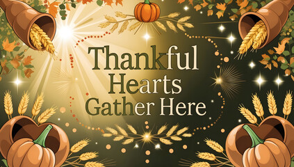 Thanksgiving-themed wall art featuring pumpkins, wheat, and the message "Thankful Hearts Gather Here."  Perfect for autumn decor and creating a warm, inviting atmosphere.