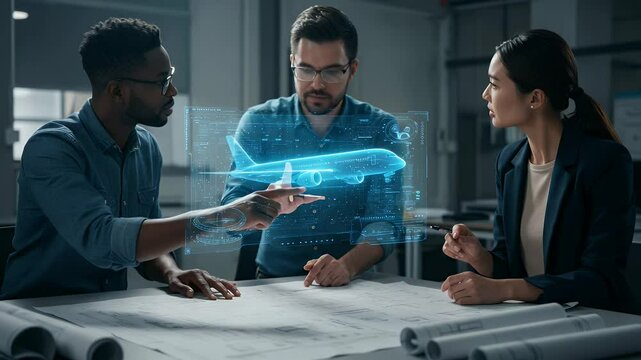 Team of engineers collaborate on an airplane design using augmented reality