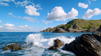 Stunning photorealistic image of rocky coastline with waves crashing against rocks under bright blue sky