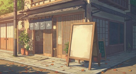 Anime Style Japanese Restaurant Facade with Blank A-Board Sign Mockup at Sunset