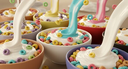 Colorful Cereal Bowls with Milk Splashes: A Delightful Breakfast Scene