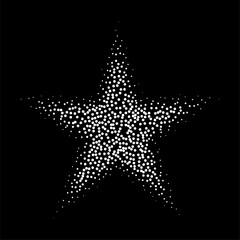 Abstract white stipple gradient halftone star, dotted textures on isolated background. Geometric noise star shaped, patterns are made of simple dots and grains. Stipple dotted star illustration