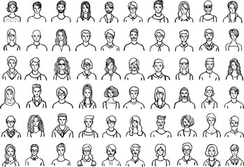 Diverse group of people headshots black and white illustrations