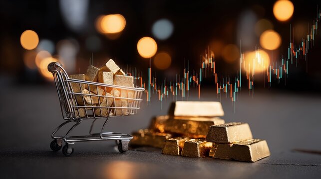 Concept for investing on Gold as safe haven; Gold bar on trolley with gold price candlestick chart in the background.