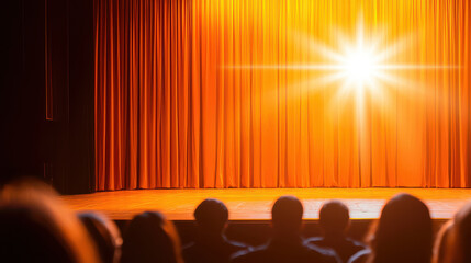 Vibrant theater stage illuminated by bright spotlight, with audience silhouettes in foreground, creating exciting atmosphere