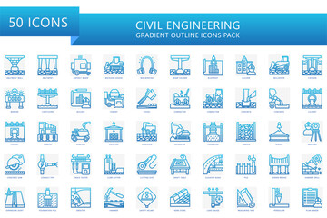Civil engineering gradient outline icon pack. Contain abutment, blueprint, builder, cantilever, concrete, compactor, gabion and more. Vector for industry, construction, UI, UX, web and app development