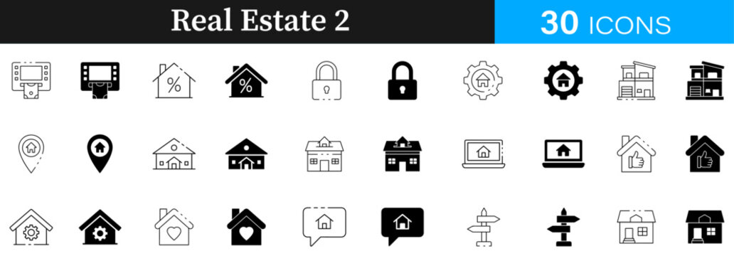 Minimalist Real Estate lineal, fill icon set. realestate, minimalist, house, home, property, building, apartment, architecture, residential, estate, rent, buy, sale, lineal, fill, design. Template.