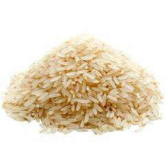 Uncooked rice heap isolated on a white background for culinary use in various dishes, Heap uncooked rice isolated on a white background