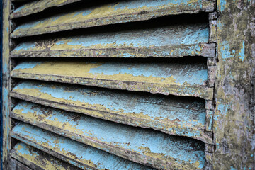 Close up view of old window. Wooden, rusty, rustic, vintage, classic, blue. 