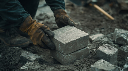 Construction Worker Laying Stone Blocks