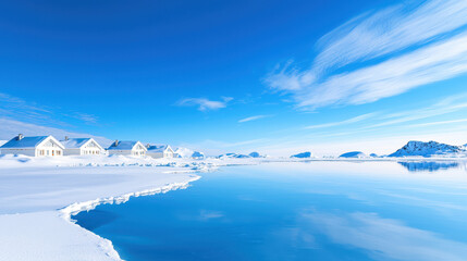 Fototapeta premium Serene arctic landscape showcasing tranquil blue lake surrounded by snow covered mountains and cozy cabins