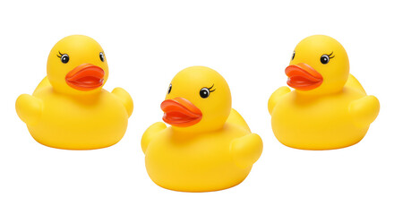 Isolated Photo of Three Yellow Rubber Ducks on Transparent Background