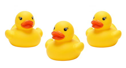 Isolated Photo of Three Yellow Rubber Ducks on Transparent Background