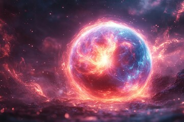 Fiery cosmic orb explodes, space background, energy, game art